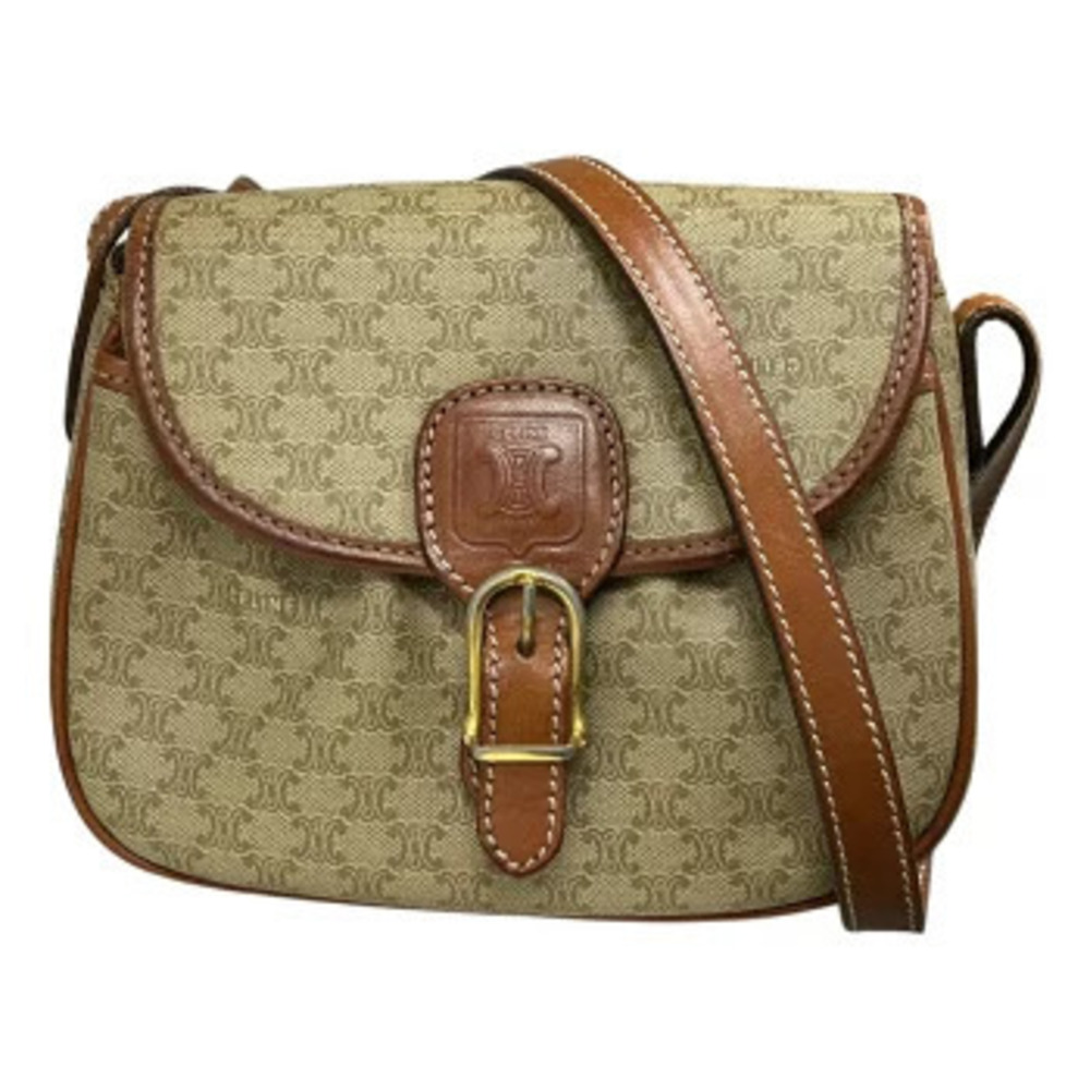 Celine Macadam Shoulder Pouch Clutch Bag Crossbody Beige Cream Leather